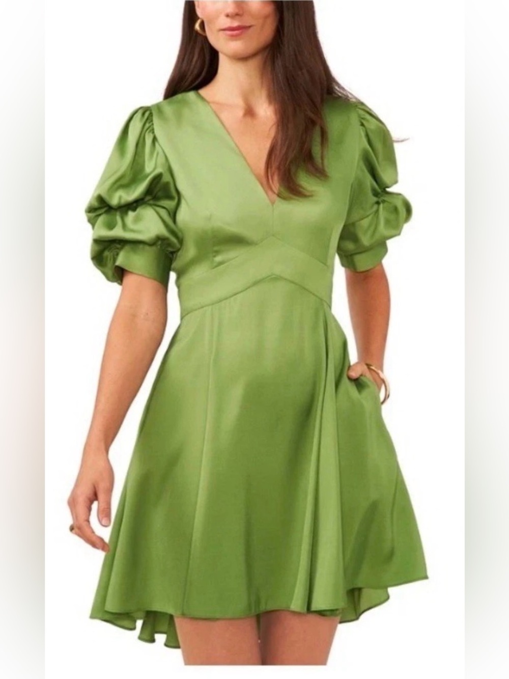 1.STATE Women's V-Neck Tiered Bubble Puff Sleeve Mini Dress – NWT Size Small